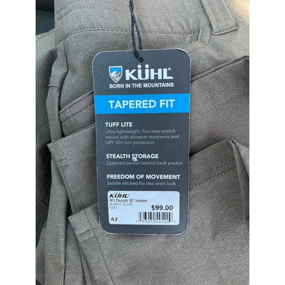 Kuhl Deceptr Pants 42x32 Burnt Olive UPF 50+ Tapered Stretch Hiking NWT - Picture 11 of 13